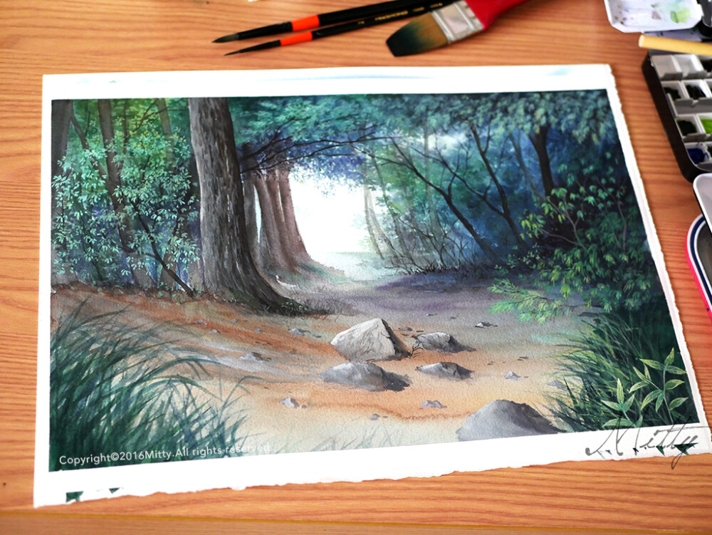 【米蒂风景水彩】森林物语~鸟语蝉鸣，万木葱茏，踏着满地的砂石，探寻着远处光亮的地方。走出这片绿色的长廊，那将呈现怎样的美景，就如同梦想，也许会因为看不到阳光而惆怅，但梦想本来就发着光！