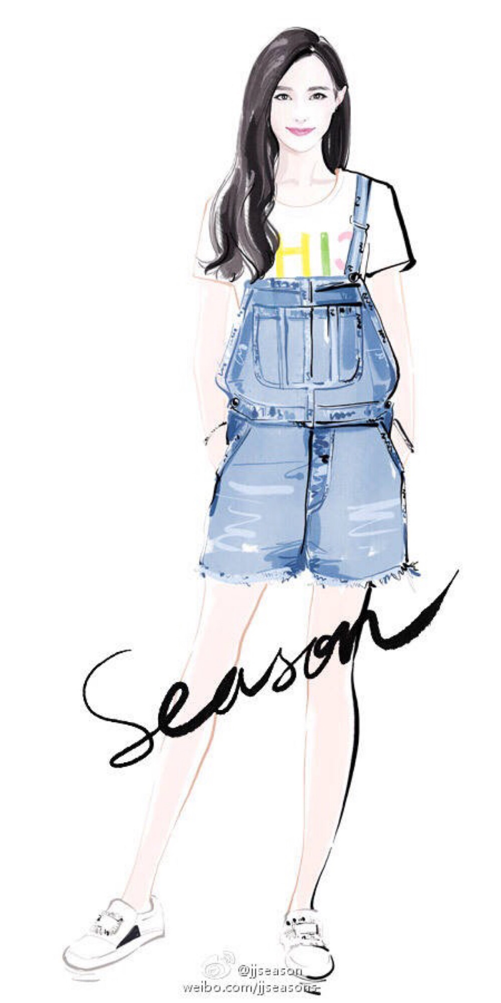 #jjseason插画# #时尚##插画# ----- @唐嫣 身穿@YvesSaintLaurent 背带裤，脚踩@RogerVivier_罗杰维维亚 小白鞋，青春甜美搭配。