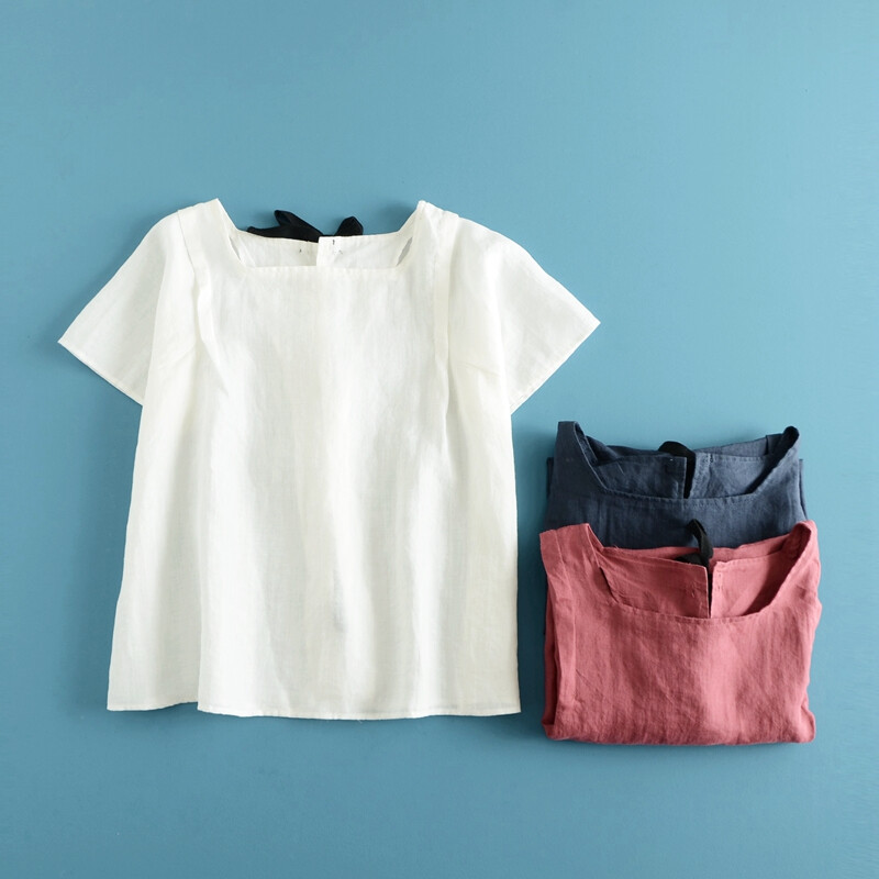 暖岛。文艺清新2016夏女纯亚麻后背蝴蝶结系带纯色薄款简约T恤