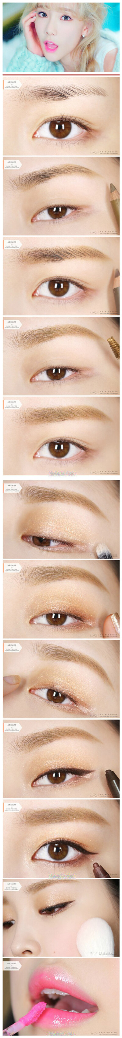 韩网po主以泰妍在TTS新砖《dear santa》中眼妆为灵感的仿妆教程一枚。