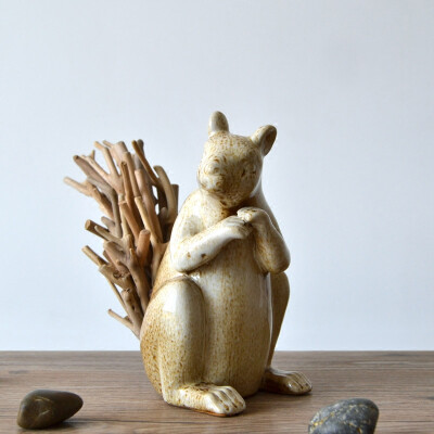 居慢生活 纯手工实木松鼠摆件摆设小动物工艺品陶瓷装饰创意礼物