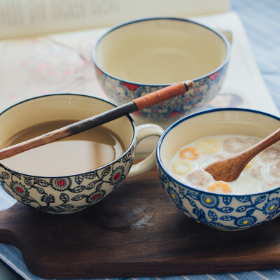 日式和风陶瓷碗带把 可爱甜品杯家用创意简约早餐牛奶杯 咖啡杯