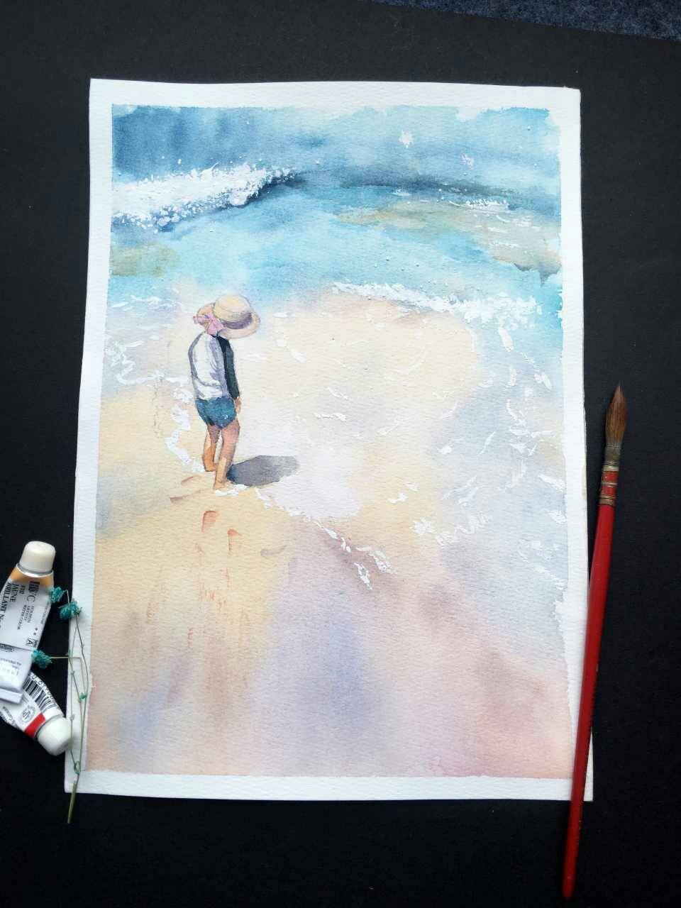 水彩画 澎湃的海