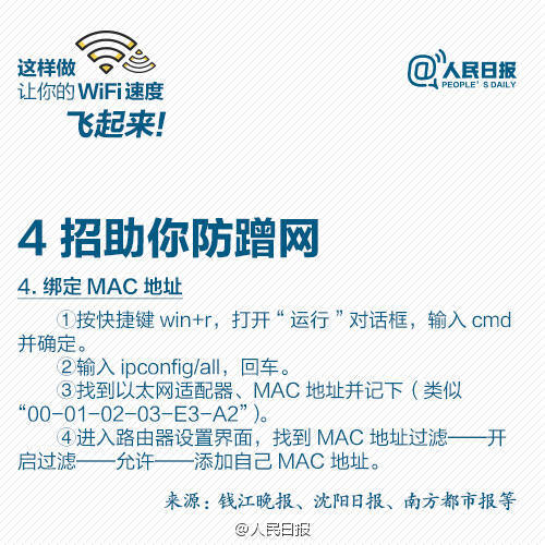 【9张图，让你家WiFi速度飞起来】每天最离不开什么？WiFi！家里、办公室WiFi速度慢、信号差，让人抓狂。信号总不好？可能是摆放位置不对；WiFi信号满格，打开网页却“龟速”，可能是被蹭网！怎样扩大WiFi覆盖面积？路由器放哪信号好？发现被蹭网怎么解决？【转自人民日报】