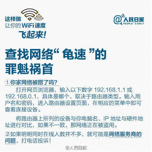 【9张图，让你家WiFi速度飞起来】每天最离不开什么？WiFi！家里、办公室WiFi速度慢、信号差，让人抓狂。信号总不好？可能是摆放位置不对；WiFi信号满格，打开网页却“龟速”，可能是被蹭网！怎样扩大WiFi覆盖面积？路由器放哪信号好？发现被蹭网怎么解决？【转自人民日报】