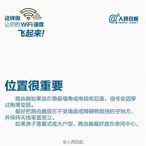 【9张图，让你家WiFi速度飞起来】每天最离不开什么？WiFi！家里、办公室WiFi速度慢、信号差，让人抓狂。信号总不好？可能是摆放位置不对；WiFi信号满格，打开网页却“龟速”，可能是被蹭网！怎样扩大WiFi覆盖面积？路由器放哪信号好？发现被蹭网怎么解决？【转自人民日报】