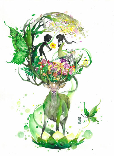 #插画艺术作品# 艺术家jongkie的动物水彩画，森林之精灵