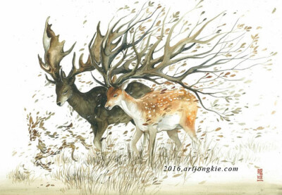 #插画艺术作品# 艺术家jongkie的动物水彩画，森林之精灵