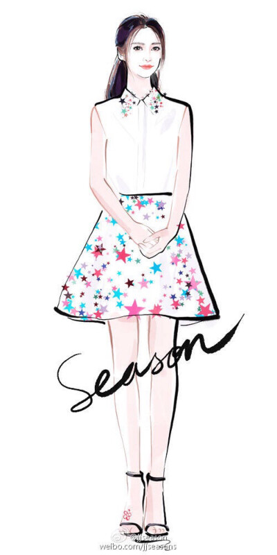 #jjseason插画# #时尚##插画# ----- 7月31日，@angelababy 身着Delpozo 2017早春系列彩色星星连衣裙，搭配@Jimmy-Choo 一字高跟鞋，青春甜美出席电影#微微一笑很倾城#在长沙举行的发布会。