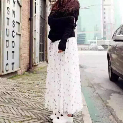 2016春夏moussy雪纺纱网五角星印花百褶裙 高腰大摆长裙女