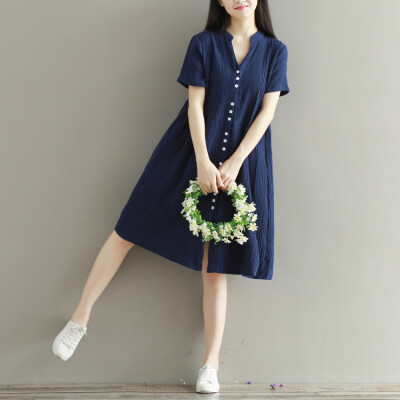 2016夏装宽松森林文艺复古棉麻短袖蝙蝠袖连衣裙