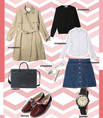 风衣，牛仔裙，衬衫