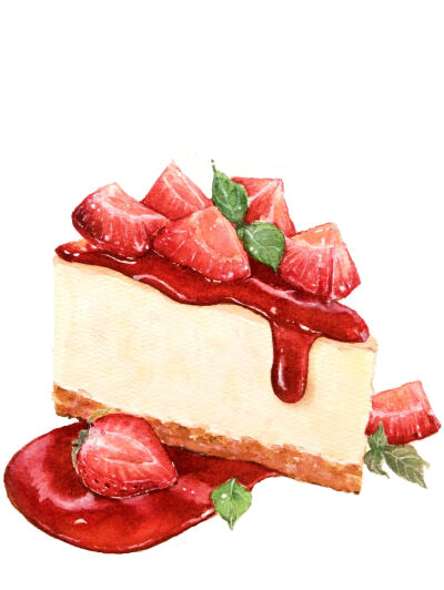 【小美食】水彩 手绘 绘画 插画 甜品 没事 草莓果酱蛋糕