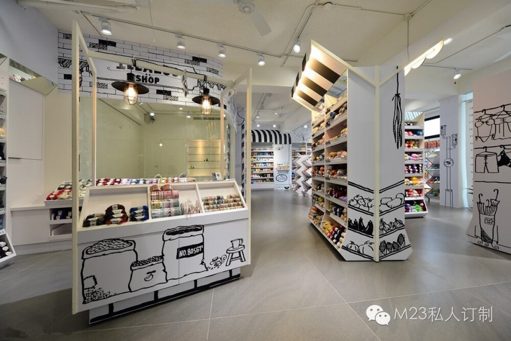 【Make-23】手作，一家温馨的毛线小店，全店通用黑白色涂鸦风格来凸显陈列商品的多彩，好创意！