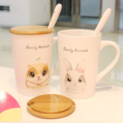 可爱韩国卡通陶瓷杯创意马克杯情侣咖啡杯办公室水杯子带盖勺