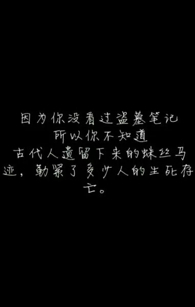 “盗墓笔记”
因为你不看盗墓笔记
所以你不知道
古代人遗留下来的蛛丝马
迹，勒紧了多少人的生死存
亡。