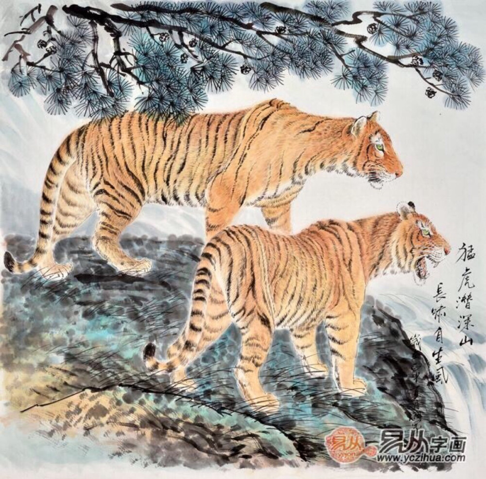 工笔斗方画《猛虎潜深山长啸自身风》羽墨。