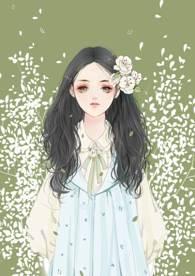 手绘插画 女孩 森系 花 碎花 唯美