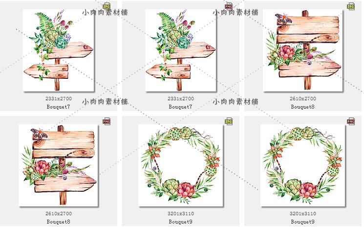 手绘水彩多树叶子植物木牌花环昆虫蝴蝶瓢虫免扣图设计素材PNG19