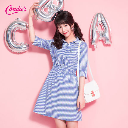 Candie's2016秋新款 简约七分袖收腰条纹衬衫领连衣裙女30063206