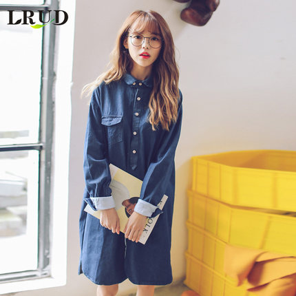LRUD2016秋季新款韩版单排扣牛仔连衣裙女中长款宽松开叉衬衫裙