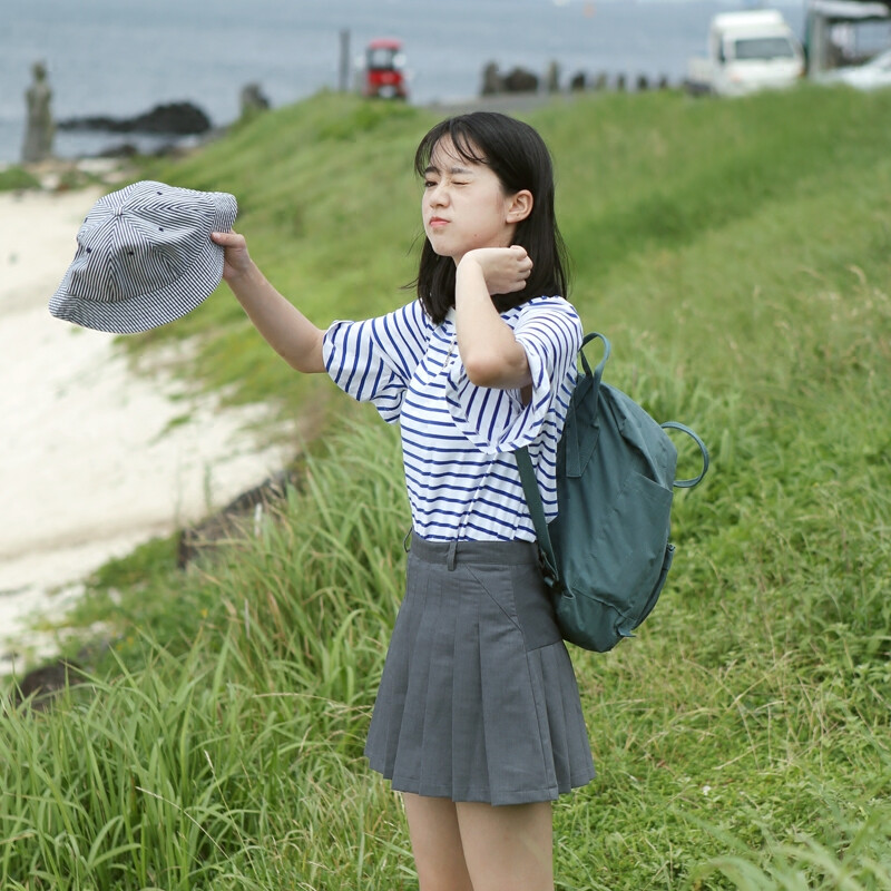 白线流自制 樱花妹的日常 条纹荷叶袖纯棉T恤女