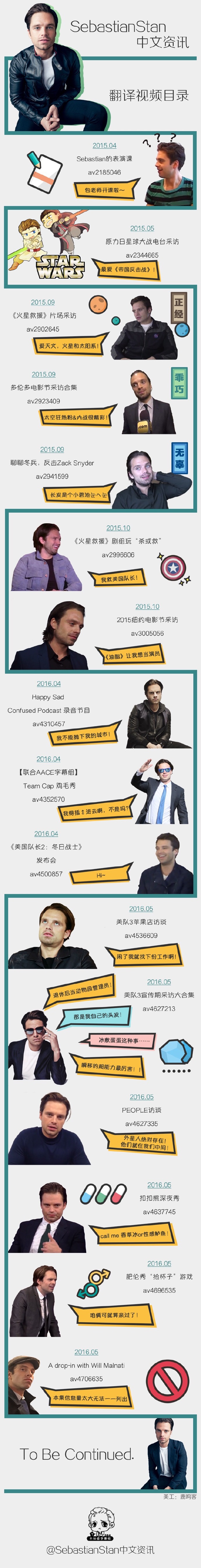 【不知道字幕组】#Sebastian Stan##384翻译# 字幕组在B站发过的所有翻译视频大回顾 每个视频都附上了B站号方便大家搜索～快去补一补那些你还没看过的视频吧！以后字幕组还会陆续放出火星救援以及更早的视频翻译，如果大家有想看的也可以私信我们！谢谢大家一直以来的支持和鼓励！