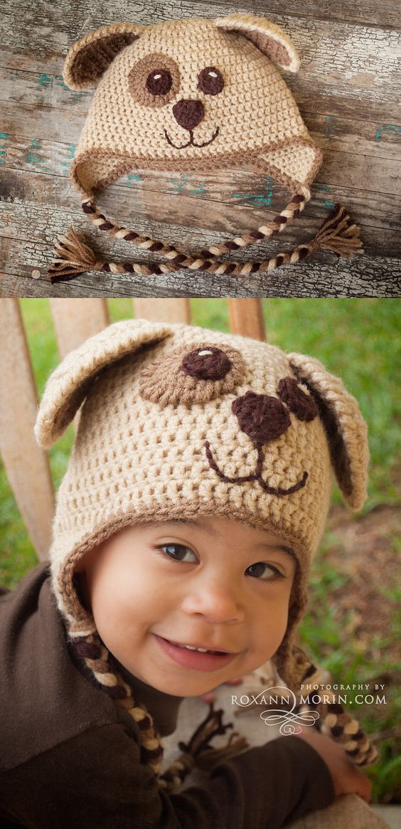 Crochet Puppy Dog Hat. Great FREE pattern. For the outer ears and eye
patch I finished it with a reverse single crochet stitch. Pattern:
http://www.repeatcrafterme.com/2013/01/crochet-puppy-hat-pattern.html: