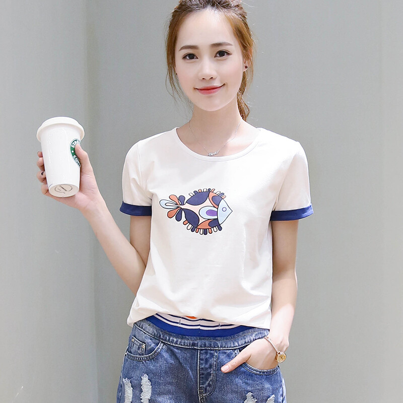 天天特价短袖t恤女大码宽松圆领印花百搭白色纯棉学生上衣女