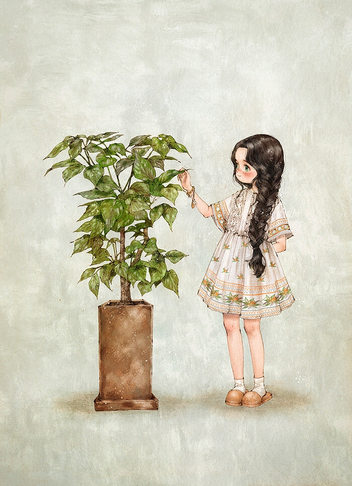 不知不觉，小树苗长高了 ~ 来自韩国插画家Aeppol 的「森林女孩日记-2016」系列插画。