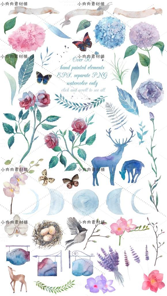 季绣球花麋鹿丝带满月婚庆海报请柬手绘水彩免抠设计素材PNG24