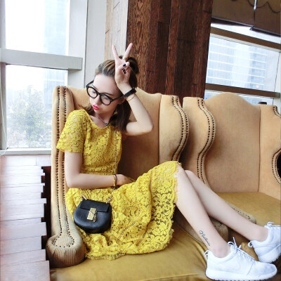 Alice wang女装显瘦裙子甜美黄色短袖中裙蓬蓬公主裙蕾丝连衣裙夏