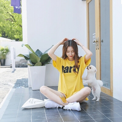 小鹿要飞 字母印花t恤女2016夏装新款韩版大码黄色打底女士体恤衫