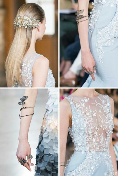 Detail｜Georges Hobeika 2016秋冬高级定制秀场上的细节之美。精致的花朵和生动的蝴蝶，缠绕在耳边和指间，演绎梦幻唯美的花园系列