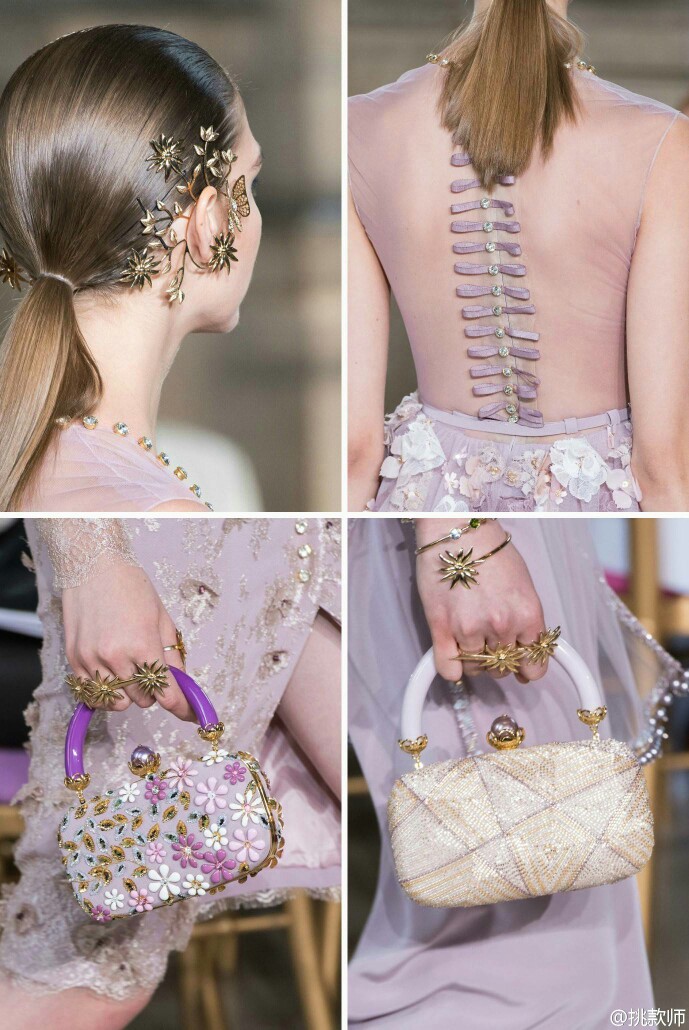 Detail｜Georges Hobeika 2016秋冬高级定制秀场上的细节之美。精致的花朵和生动的蝴蝶，缠绕在耳边和指间，演绎梦幻唯美的花园系列