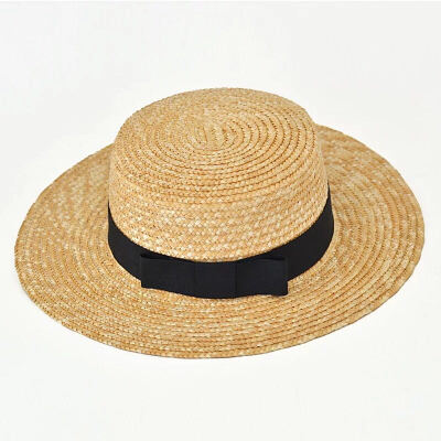 天热麦杆编织草帽 英伦复古平顶礼帽 度假出游造型帽子夏季韩版女