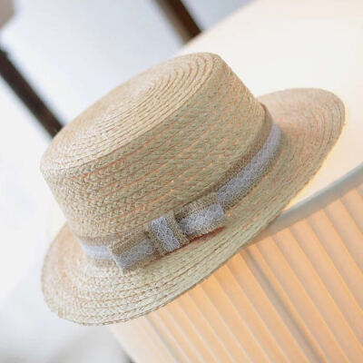 优雅蕾丝装饰草帽 拉菲草平顶礼帽 度假出游造型太阳帽遮阳帽子