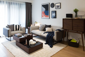 MZGF木智工坊样板房之客厅。
整体现代风格，主要产品有无际沙发、功夫茶几、无边边柜。