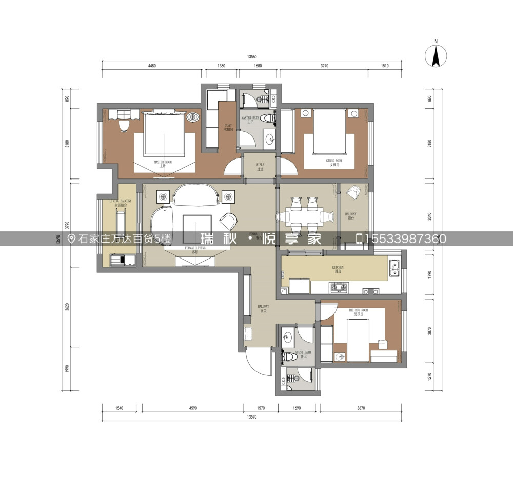 【雅居名称】：奥北公元
【房屋类型】：高端社区【装修风格】：欧式风格
【设计理念】：
本案设计客户做生意。客户喜欢生活随意但家里不失文化气息，整体风格定位为欧式新古典本案位于奥北公元，强调欧式风格那种华贵、大气、尊贵和对生活的无限向往。运用深沉柔和的色调、讲究平实的设计线条、营造亲切稳重的居家风格，材质上讲究环保，多用趋于自然的材质，大量运用了原木和皮艺材质，木皮结合的施工工艺，彰显家具的品味。如沙发、餐桌及橱柜等，展现主人内敛隽永的气质和自然简洁的生动感，显得粗中有细，回味悠远。
接下来看看设计图吧我也很喜欢的一种风格，奢华贵气的欧式风格，继承传统适合有品位的成功人士！