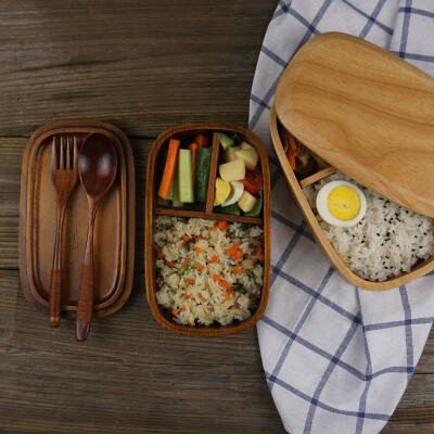 日式木质饭盒便当盒分格整木学生便携餐盒寿司盒干果盒野餐盒双层