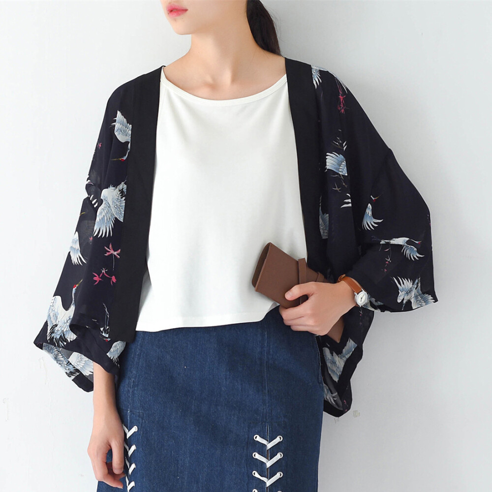 安娜|日式和风雪纺花鸟仙鹤开衫和服防晒外套薄款披肩夏季空调衫
