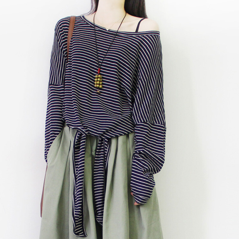 韩版简约下摆系带条纹T恤大圆领长袖蝙蝠袖上衣2016秋季女