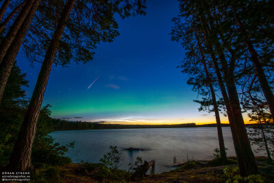 英仙座流星，北斗七星，极光与夜光云，2015年8月12日至13日拍摄于瑞典北部。