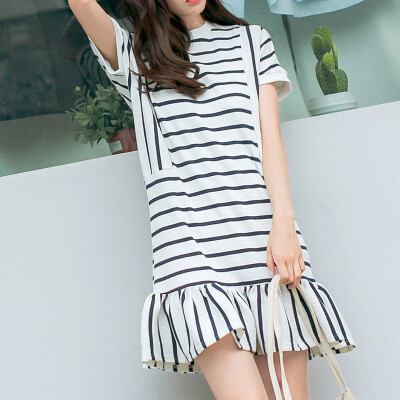 2016夏季女装韩版修身黑白条纹针织连衣裙荷叶边裙子