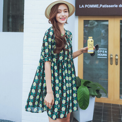 2016夏季新女装韩版宽松圆领修身减龄印花短袖高腰显瘦连衣裙女