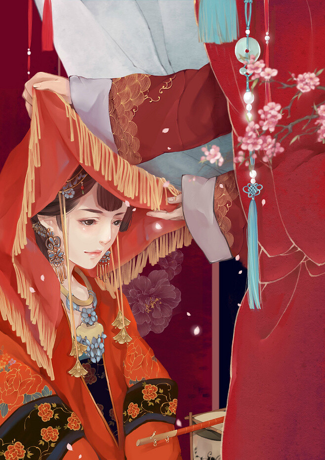 她是自小服侍他的丫鬟，儿时玩乐，他硬拖着她扮那新娘，揭开头上的红巾，他歪头看着她羞红的脸，脆生生地道：“要不，以后我娶你为妻吧。”周围微笑的大人猛地变了脸色，她诚惶诚恐地跪下：“奴婢不敢。”“无趣！”他扔下红巾，转身离去。
她已及笄，出落得越发秀丽，他带着她出门，总会被同窗调笑。一日，他捧书阅读，她在立侍在旁。墨香缭绕中，他忽转头问她：“你可愿嫁我？”她淡然而笑，垂目掩去眼底的苦涩：“公子莫要说笑了，奴婢还想再服侍您几年呢。”他沉默无言。
他到了弱冠之年，也有了功名，家中人开始为他张罗亲事。一幅幅画像送进书房，他看着她：“你仍未想通吗？”她浅笑，拿起身边的一幅画卷，纤手指着上面的名门淑女，轻声道：“窈窕淑女，君子好逑。”他瞪着她，双目微红，半响颓然地挥挥手：“就将这幅送到母亲房中吧。”
成亲当日，他醉醺醺地被好友们退入洞房，挑开彩绣鸳鸯的盖头，愣愣地看着红烛下新娘羞红的脸，半响摇头喃喃道：“错了......错了......”众人大笑：“当真醉了！”她在窗外陪着欢笑，渐渐泪流满面。