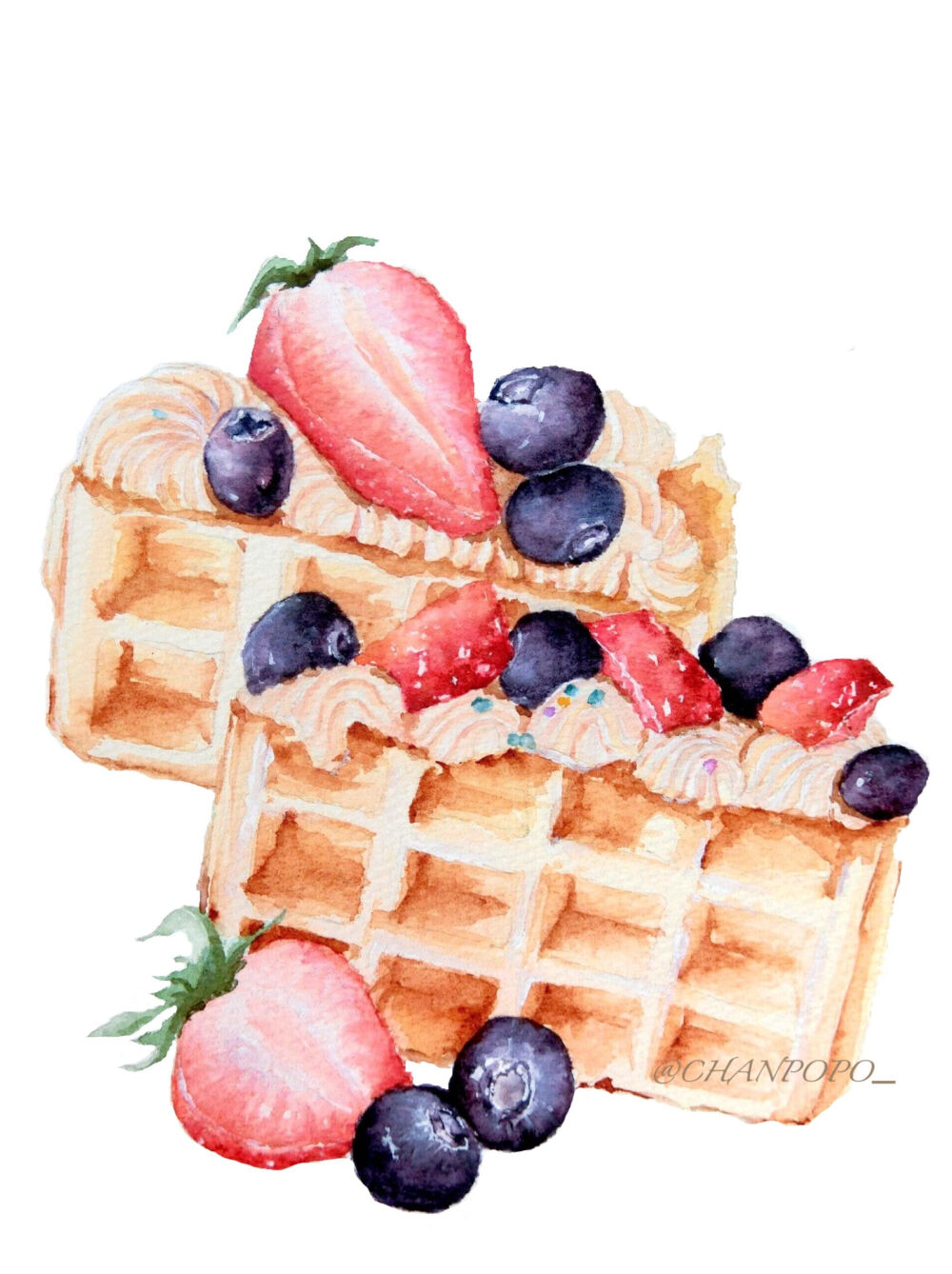 【小美食】水彩 手绘 绘画 插画 美食 甜品 水果奶油华夫饼 