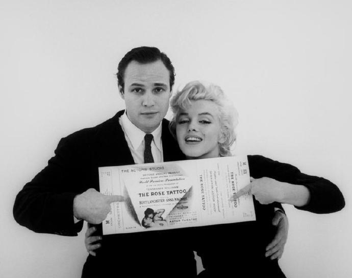 Marilyn Monroe and Marlon Brando photographed by Milton Greene for an Actors Studio Rose Tattoo benefit, 1955.