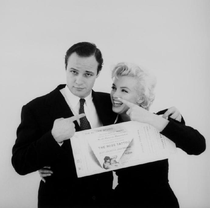 Marilyn Monroe and Marlon Brando photographed by Milton Greene for an Actors Studio Rose Tattoo benefit, 1955.