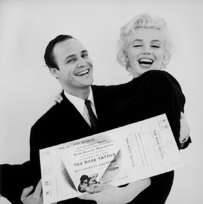 Marilyn Monroe and Marlon Brando photographed by Milton Greene for an Actors Studio Rose Tattoo benefit, 1955.